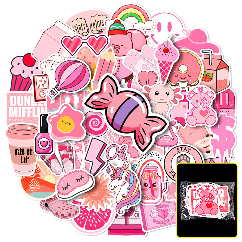 50-Piece Pink VSCO Sticker Pack: Trendy & Cute Cartoon Decals for Girls