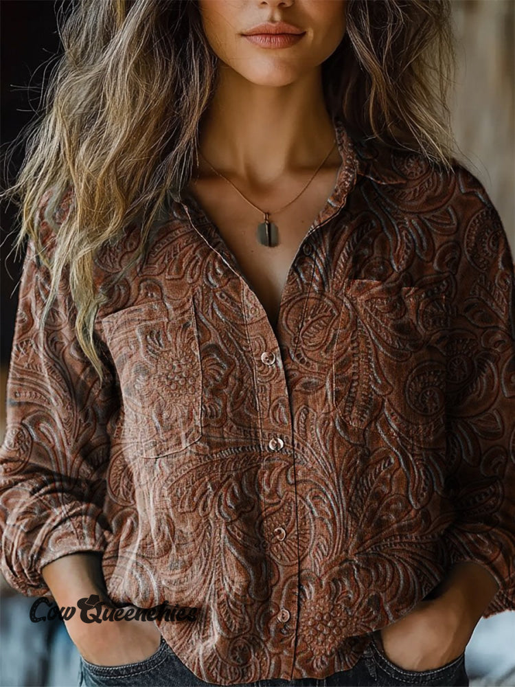 Women’s Brown Vintage Flowers Art Print Casual Long Sleeve Comfortable Cotton Shirt Multicolor / S