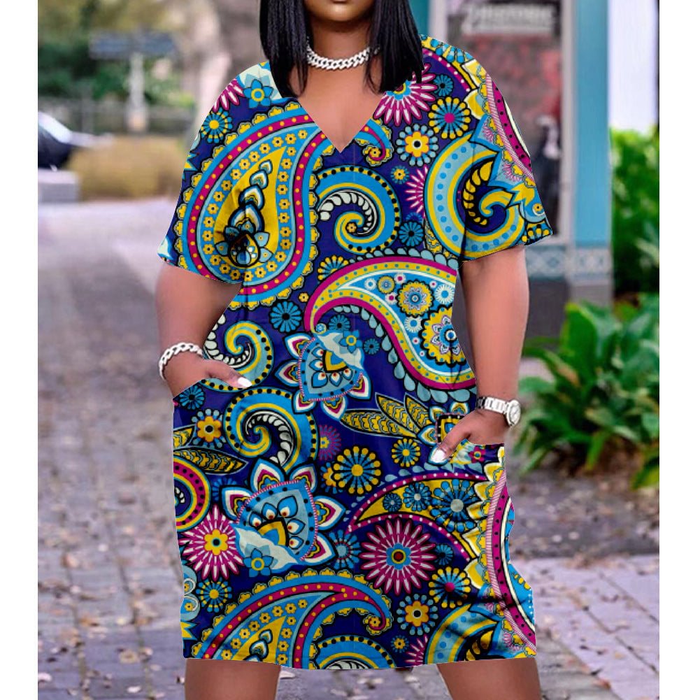 3D printed loose plus size v-neck mid-sleeve dress