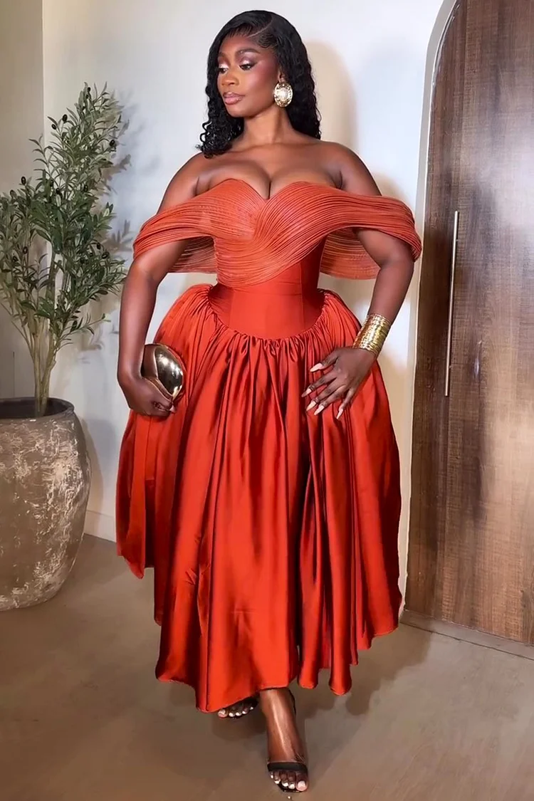 Off Shoulder Wrinkle Corset Satin Party Maxi Dresses-Orange [Pre Order]