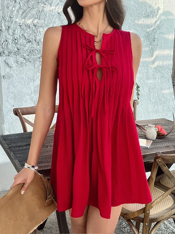 Pleated Solid Color Tied A-Line Loose Round-Neck Vest Top Mini Dresses