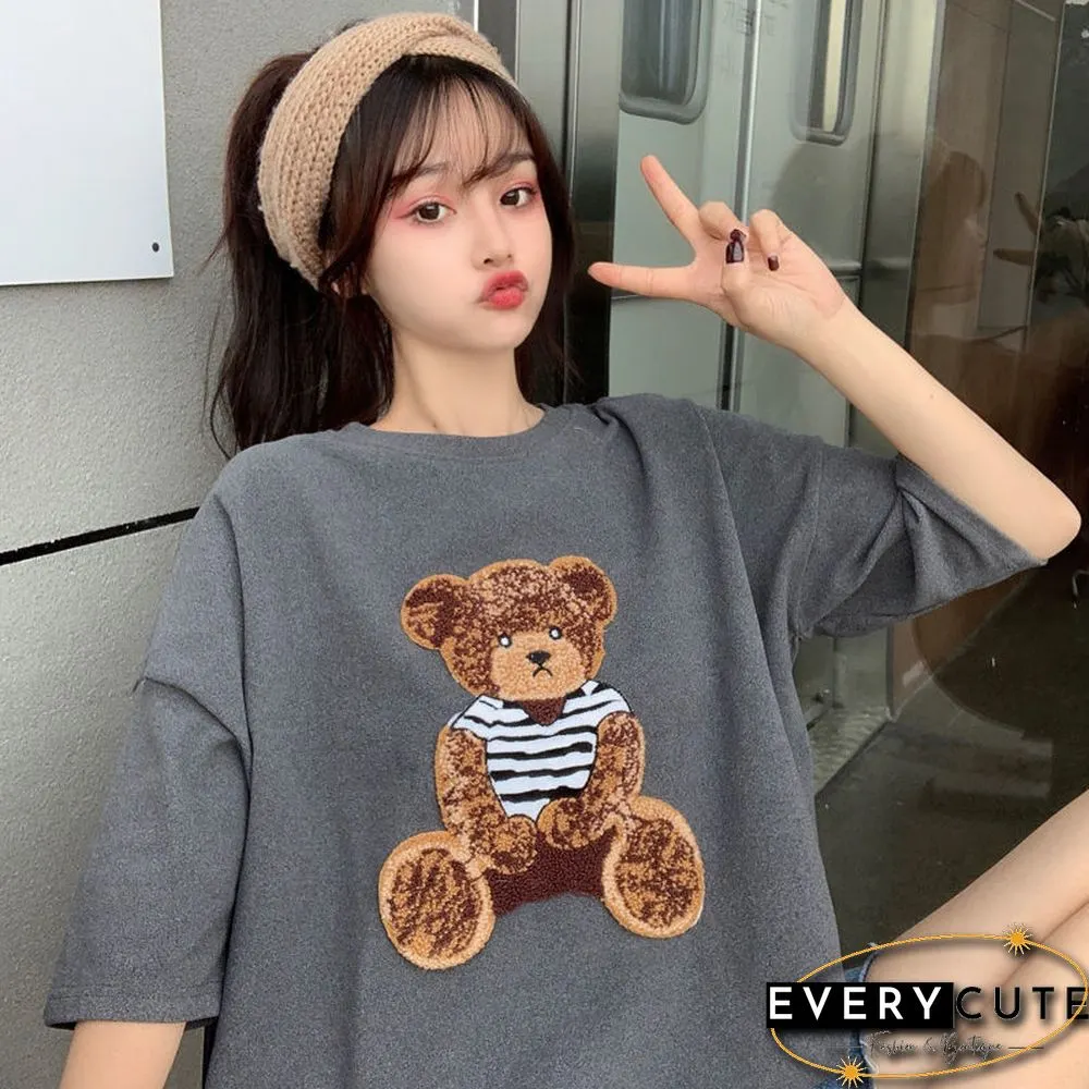 Harajuku Streetwear Oversized Women T-shirts Korean Cute Bear Half Sleeve Loose T-Shirt