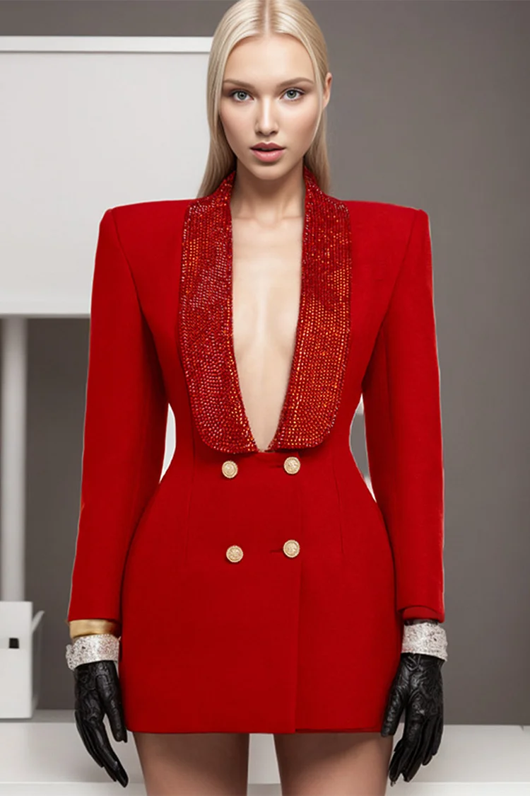 Rhinestone Embellished Shawl Lapel Backless Blazer Mini Dress-Red