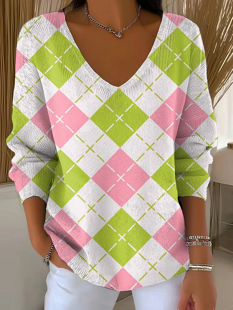Women's Pastel Green Diamond Geometric Painting Art Print Casual Pullover Sweater