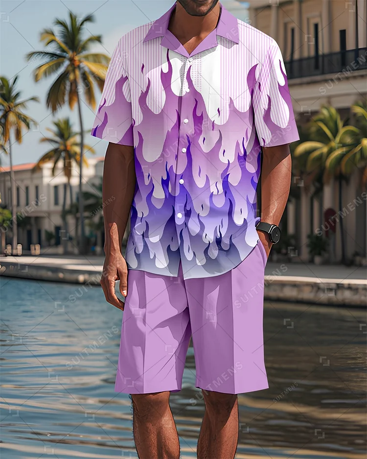 Men's Geometric Colorblock Casual Vacation Cuban Collar Short Sleeve Shirt Set 0017