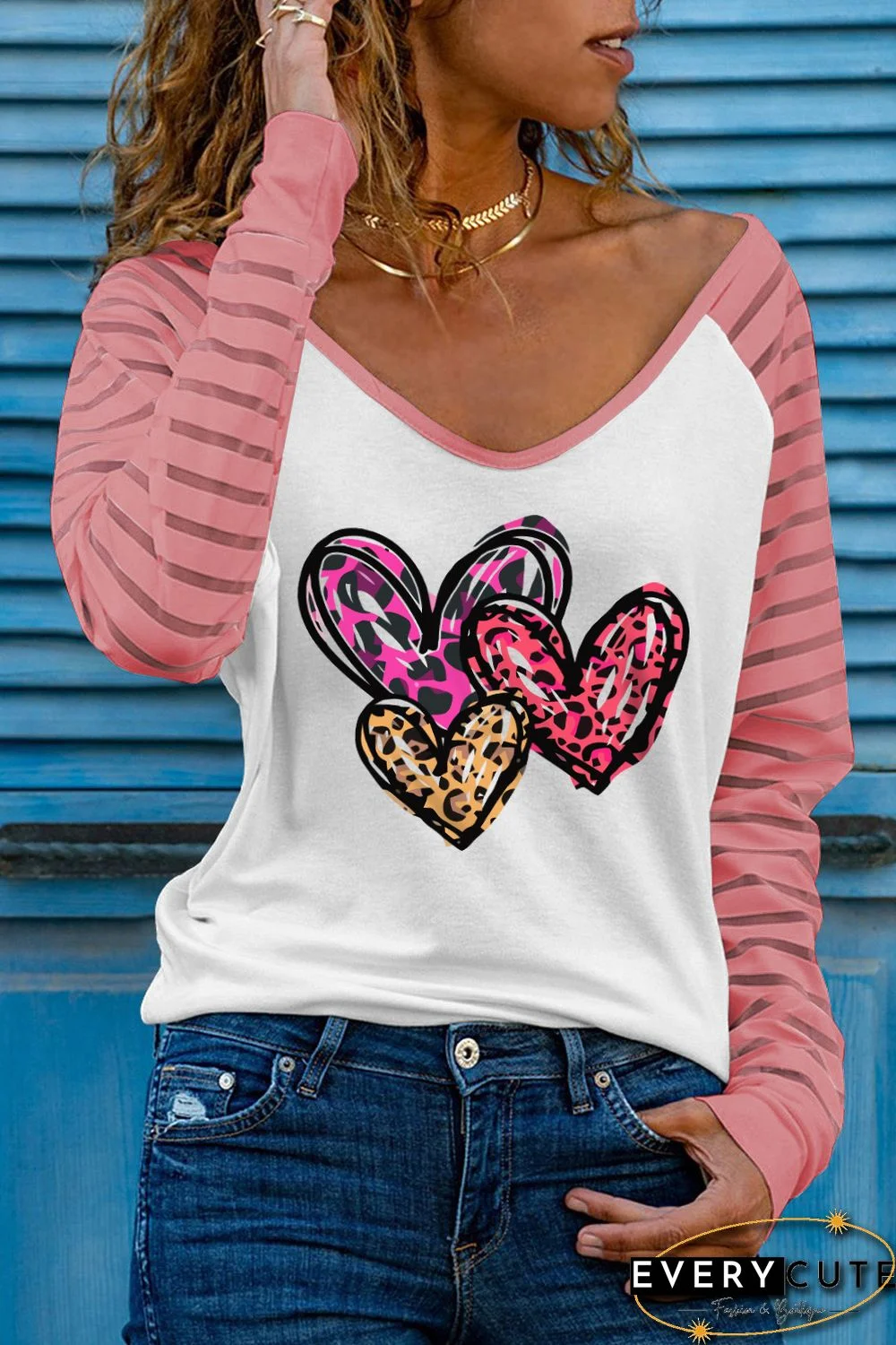 Pink Sheer Striped Sleeve Valentine's Day Leopard Heart Print Top