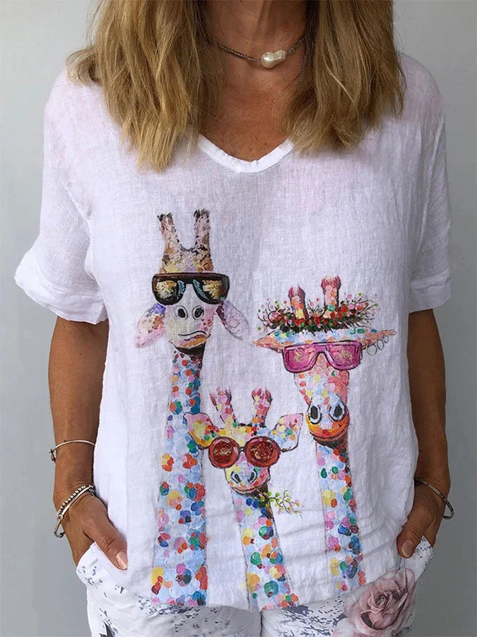 Women's Cotton Linen Giraffe Oil Painting Casual Top