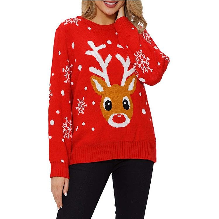 Mayoulove Christmas Sweaters Reindeer Jacquard Round Neck Casual Pullover Knitted Sweaters-Mayoulove