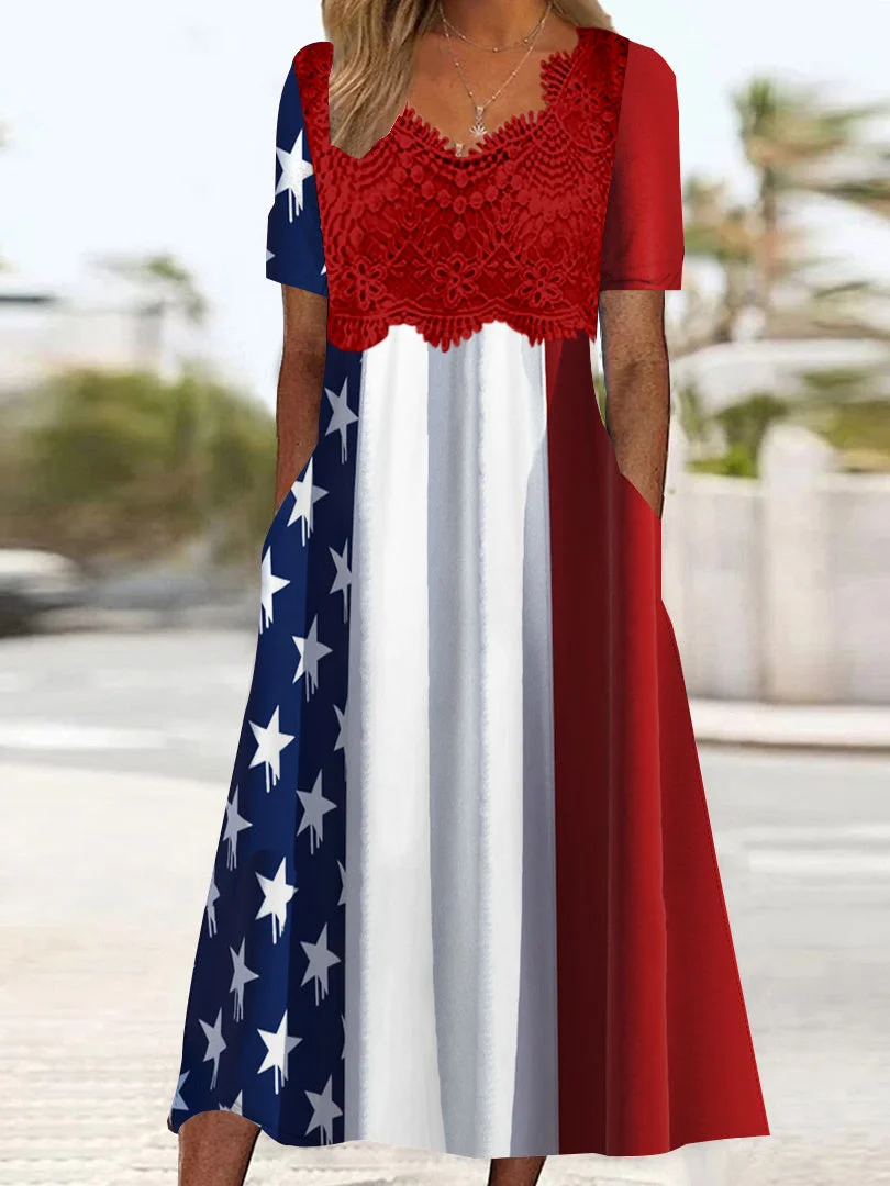 Women's Short Sleeve V-neck Independence Day Graphic Printed Lace Stitching Midi Dress