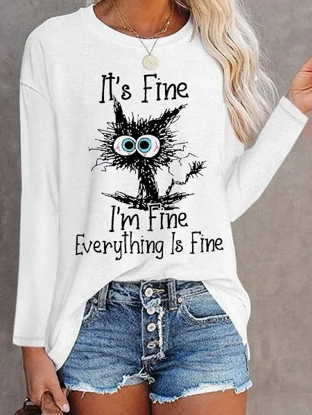Loose Casual Cat Print Long-Sleeved Top