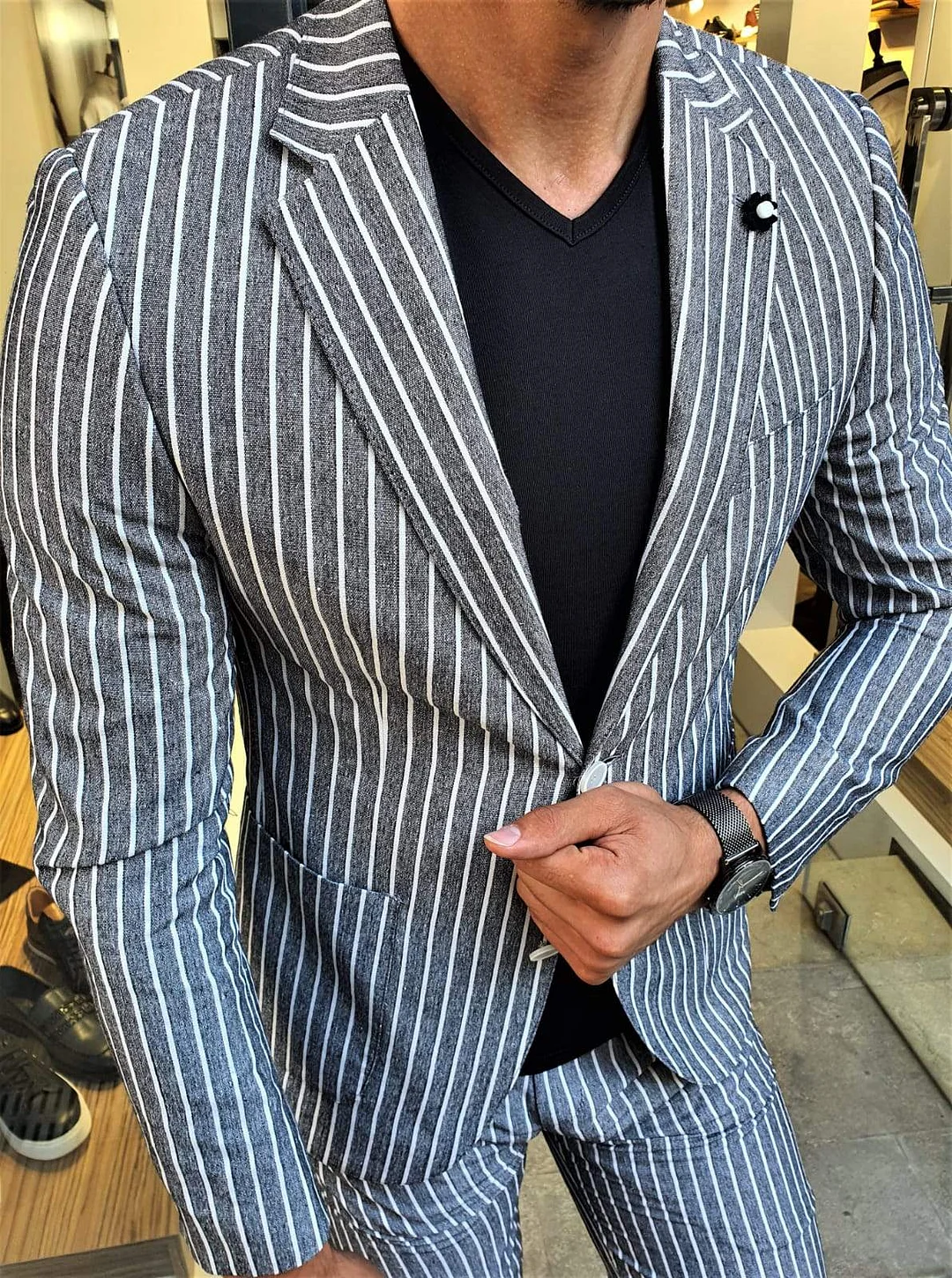 Verno Slim Fit Striped Black Blazer Only