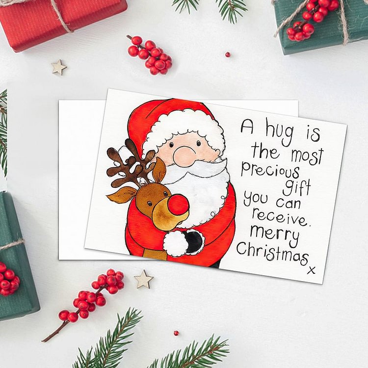 Santa with Rudolph Christmas Card Hug Card Holiday Card-Horizontal Card