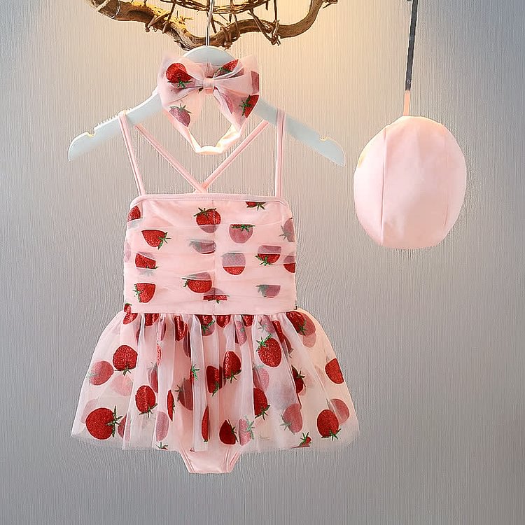 Baby Toddler Strawberry Swimsuit with Hat