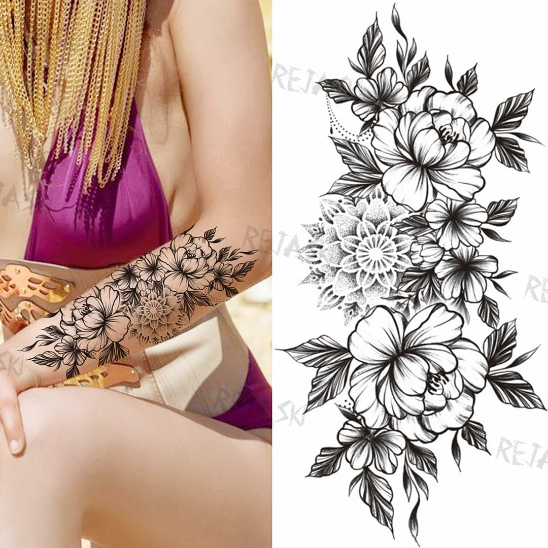 Sexy Snake Flower Fake Temporary Tattoo For Women Black Sunflower Tattoos Bloosom Big Daisy Camellia Water Transfer Tatoos Legs