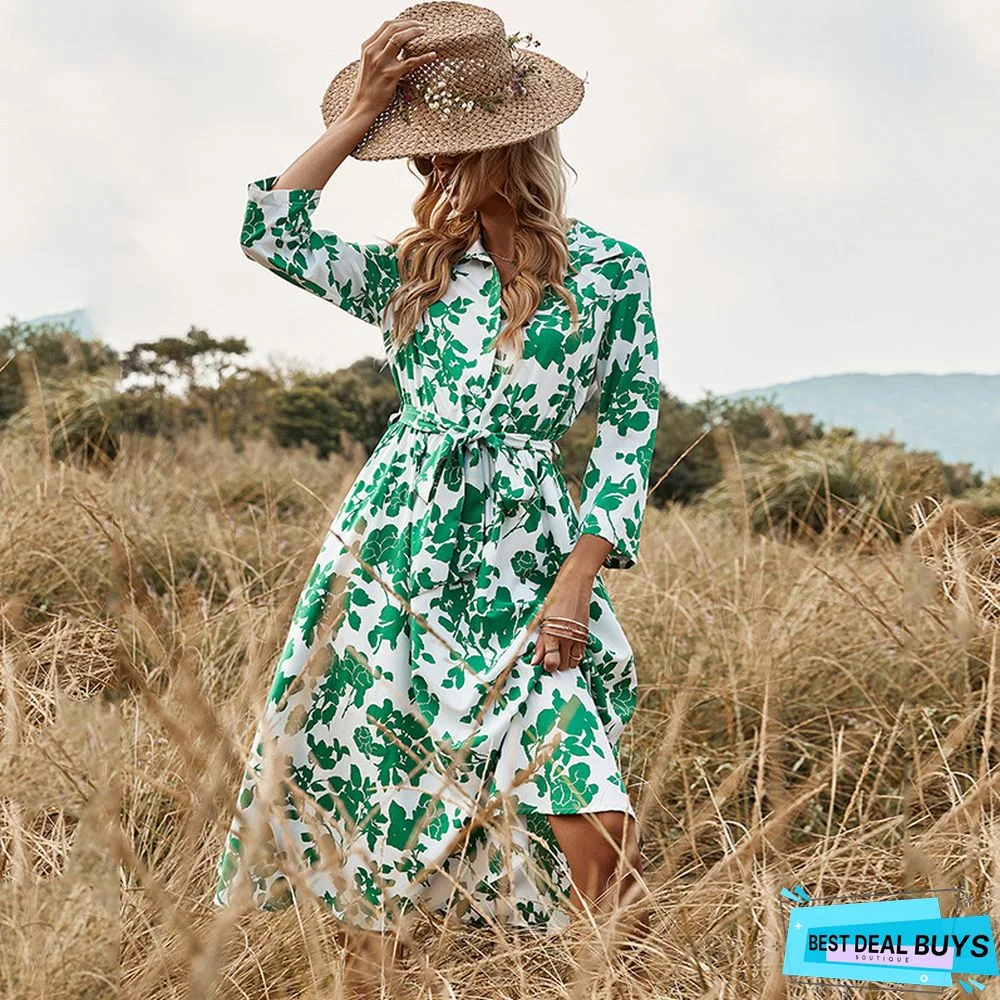 Fashion Women's Long Skirt Green Print Lace-up Dress Black Dresses