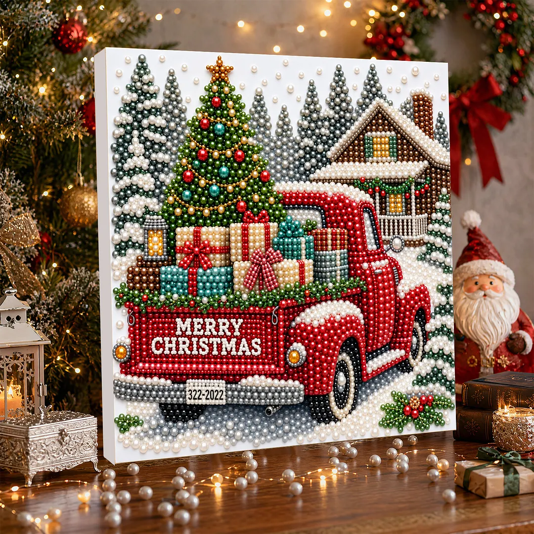 Framed Pearl Painting Kit Christmas Red Pickup Truck 20x20cm