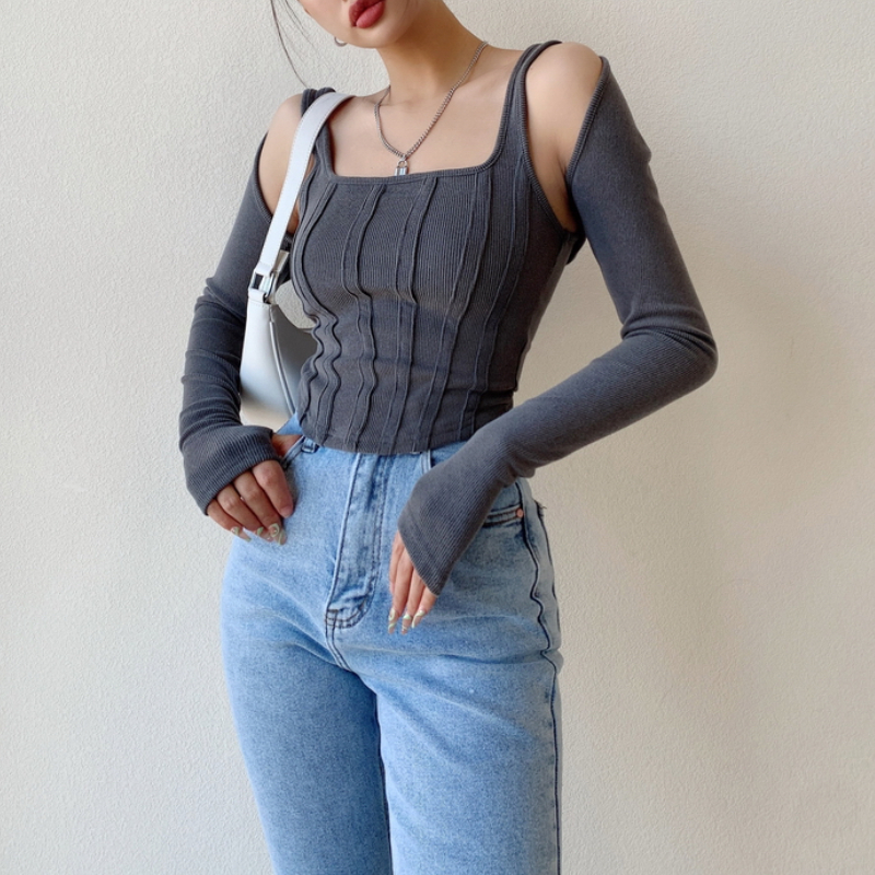 Ootddress Women Striped Stitching Slim T-shirt Female 2 In 1 Shrug Set Co-ord Crop Shrug And Corset Tank Tops Set Y2k Streetwear New