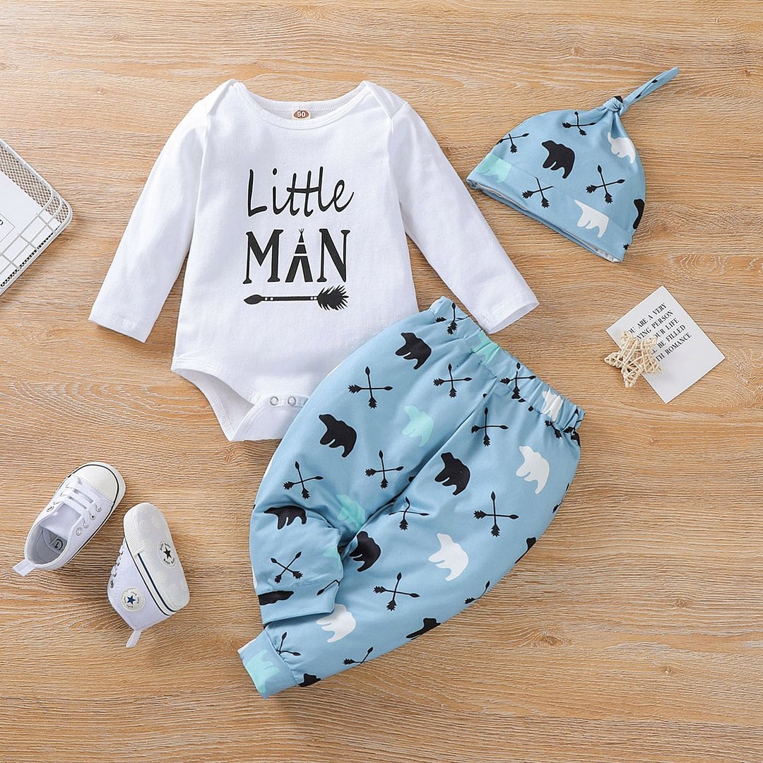 3PCS "Little Man" Bear Printed Baby Set