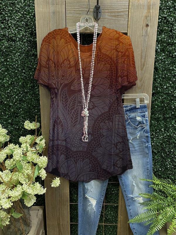 Print Crew Neck Short Sleeve Cotton-Blend Shirts & Tops-Mayoulove