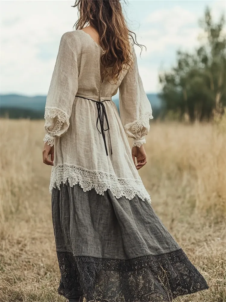 Lunivibe Vintage Lace Hem Contrast Patchwork Bottom Linen Maxi Dress