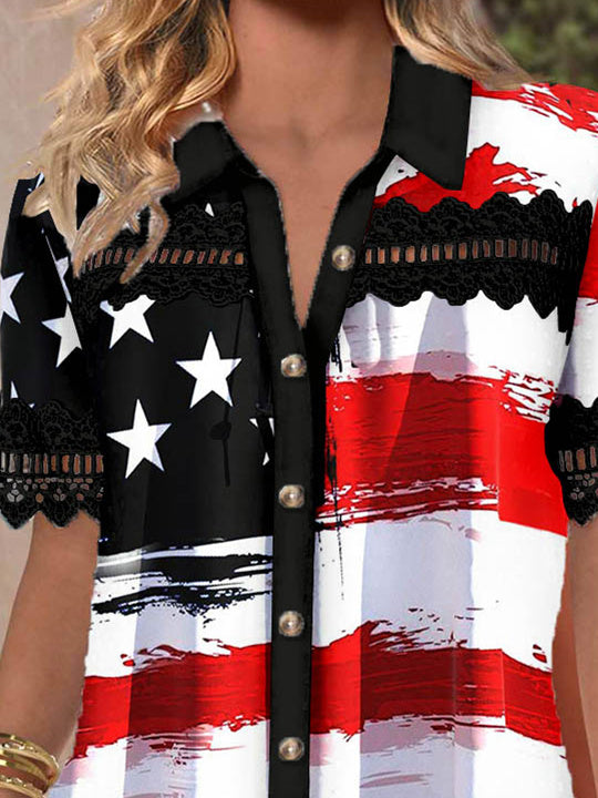 Women Short Sleeve V-neck Striped Star Printed Graphic Lace Hollow Stitching Button Tops