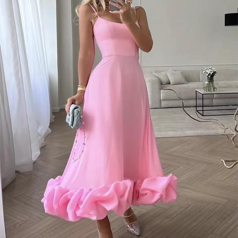 Mature Women Summer Fashion Suspenders Large Flower Swing Three-dimensional Flower A- Line Skirt Dress