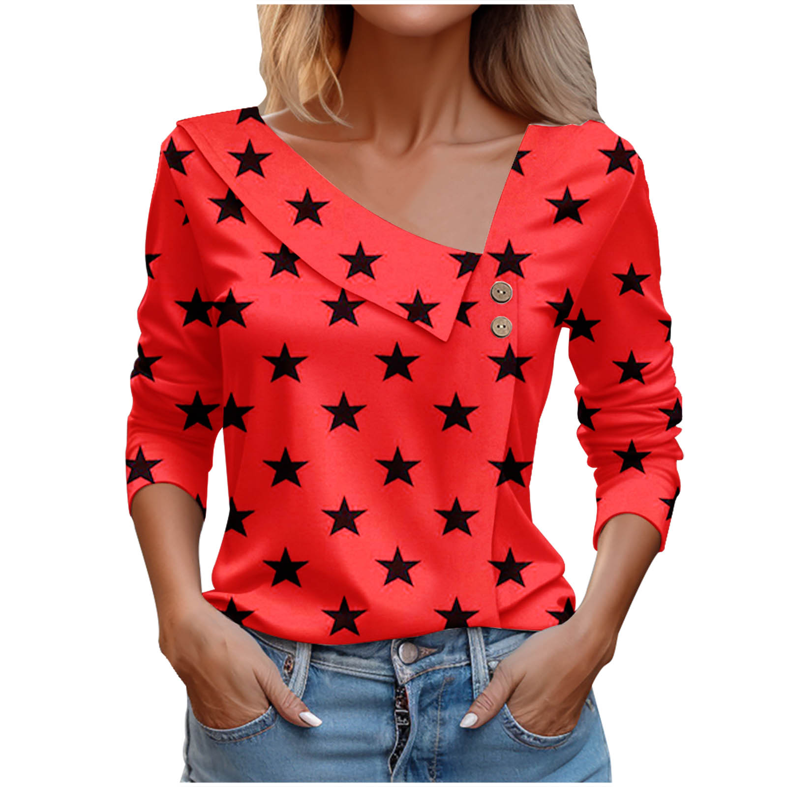 Gamesnears Women's T-shirt Star Print 2025 Autumn New Fashion Button Personalized Unique Commuter Design Sense Tee Harajuku For Women Tops