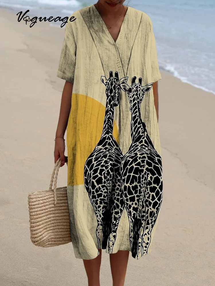 Simple Fashion Casual Sunset Giraffe Printed Women's Casual Cotton And Linen Dress