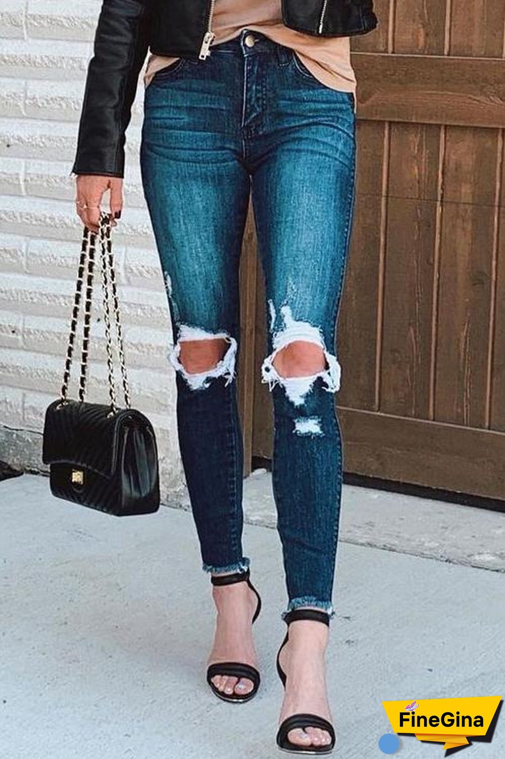 Broken Hole Mid Waist Jeans