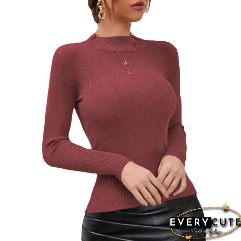 Reddish Brown Mock Neck Knitted Long Sleeve Pullover Tops