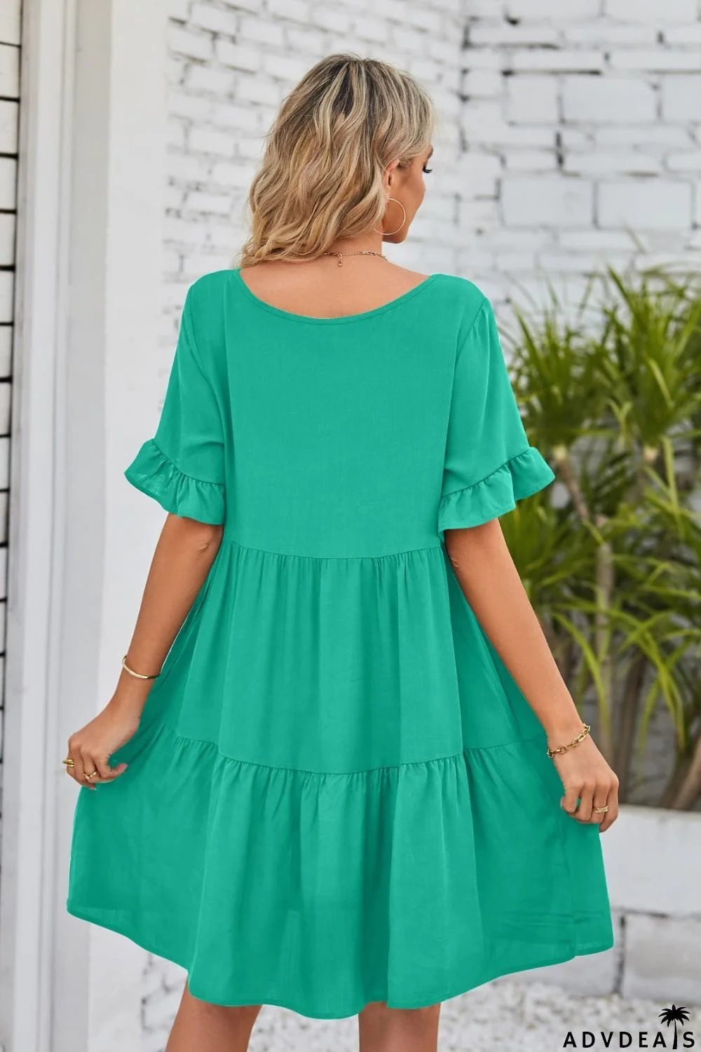 V-Neck Flounce Sleeve Tiered Dress