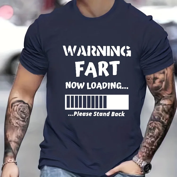 CAMEL COUPONS Funny Fart Warning Pattern Print Men's Comfy T-shirt, Graphic Tee Men's Summer Clothes, Men's Clothing