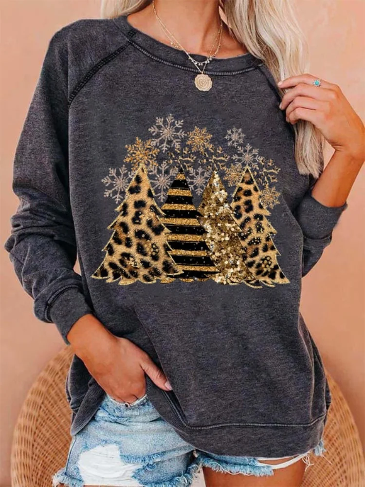 Vefave Leopard Christmas Tree Print Casual Sweatshirt