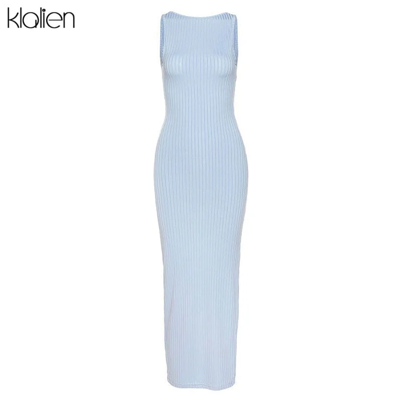 KLALIEN Spring Summer Sexy Backless Fashion Simple Black Rib Knitting Maxi Dress Office Lady Streetwear Casual Women's Clothes