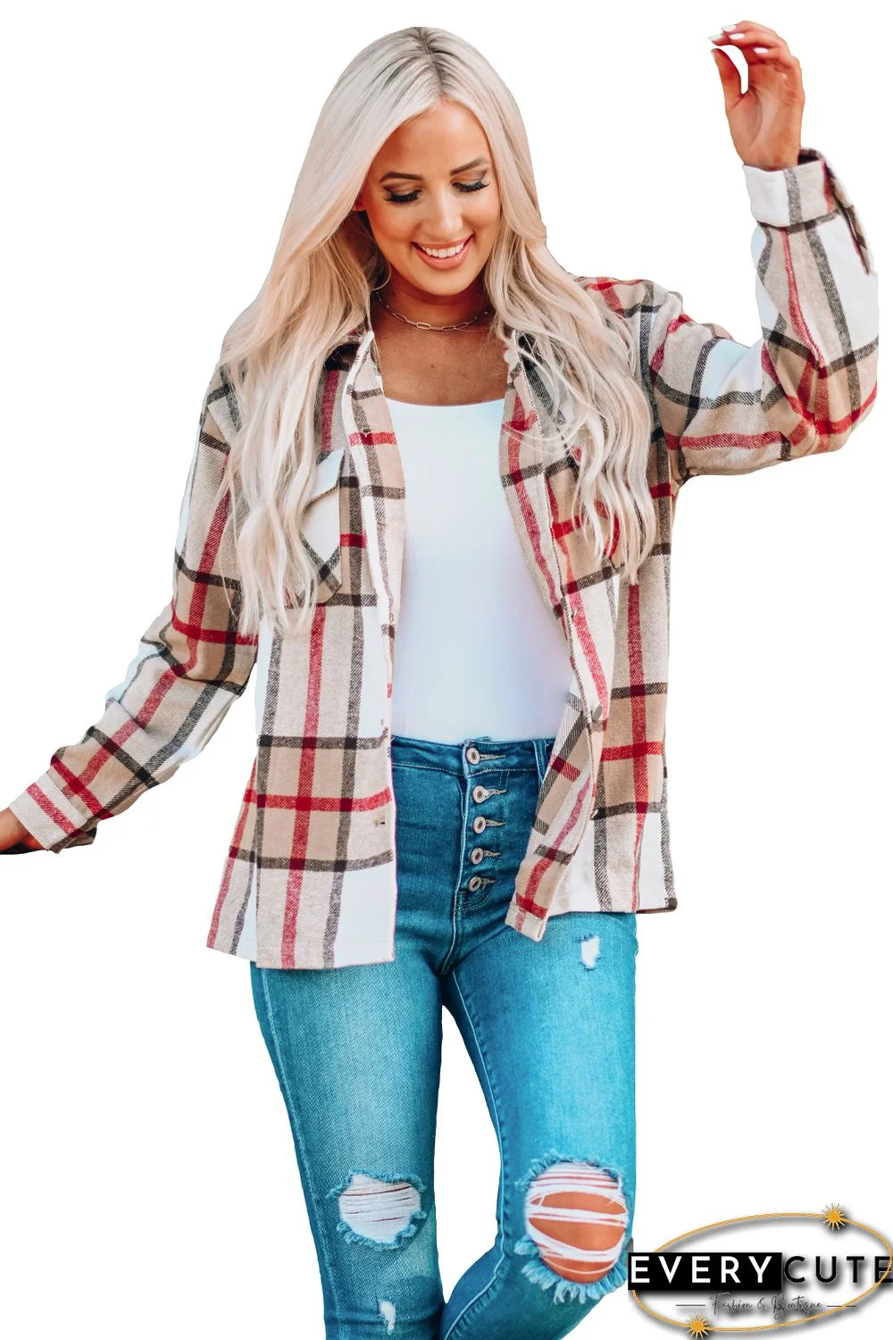 Khaki Plaid Print Buttoned Shirt Coat with Pocket