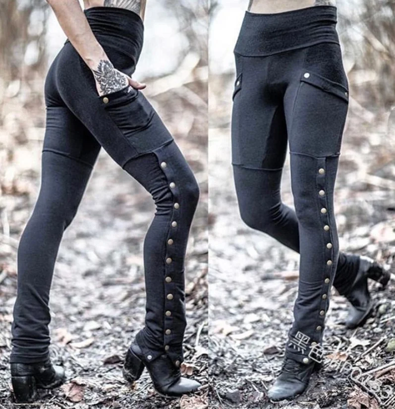 Brownm Brownm Fashion Handsome Lady Rivet Open Fork Design Pedal Trousers Emboldel Pocket Decor Pencil Pants