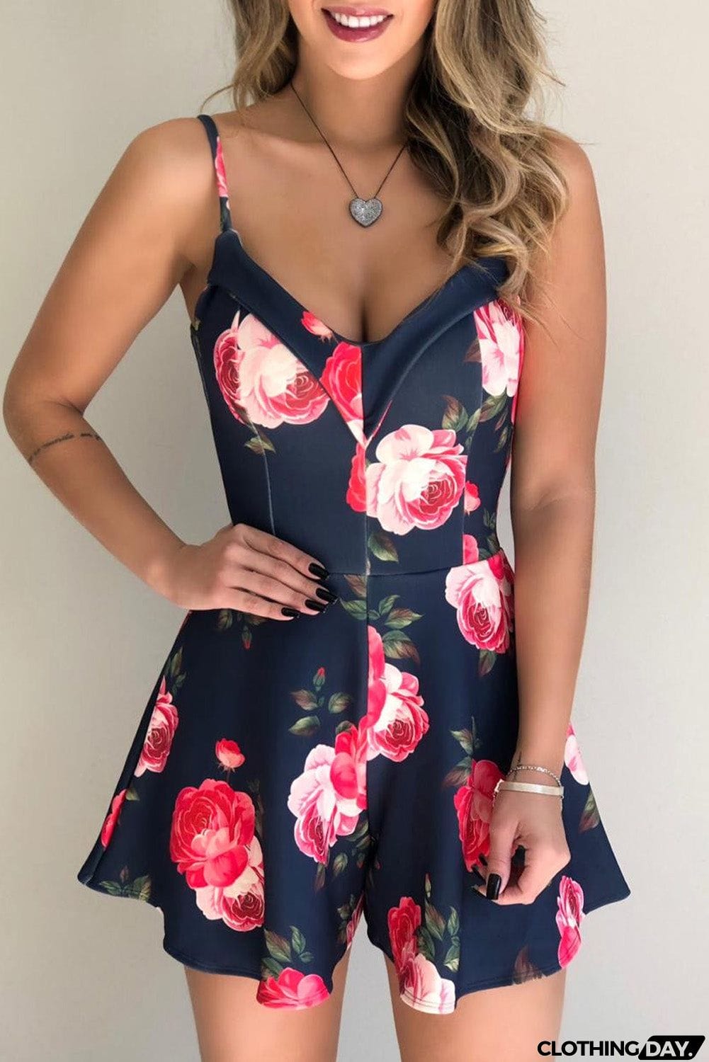 Navy Floral Print Spaghetti Straps Playsuit
