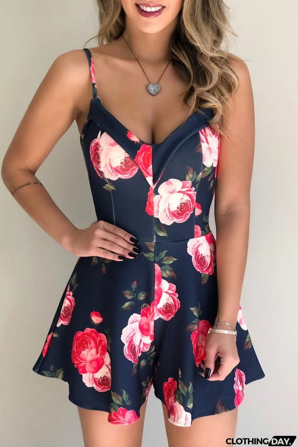 Navy Floral Print Spaghetti Straps Playsuit
