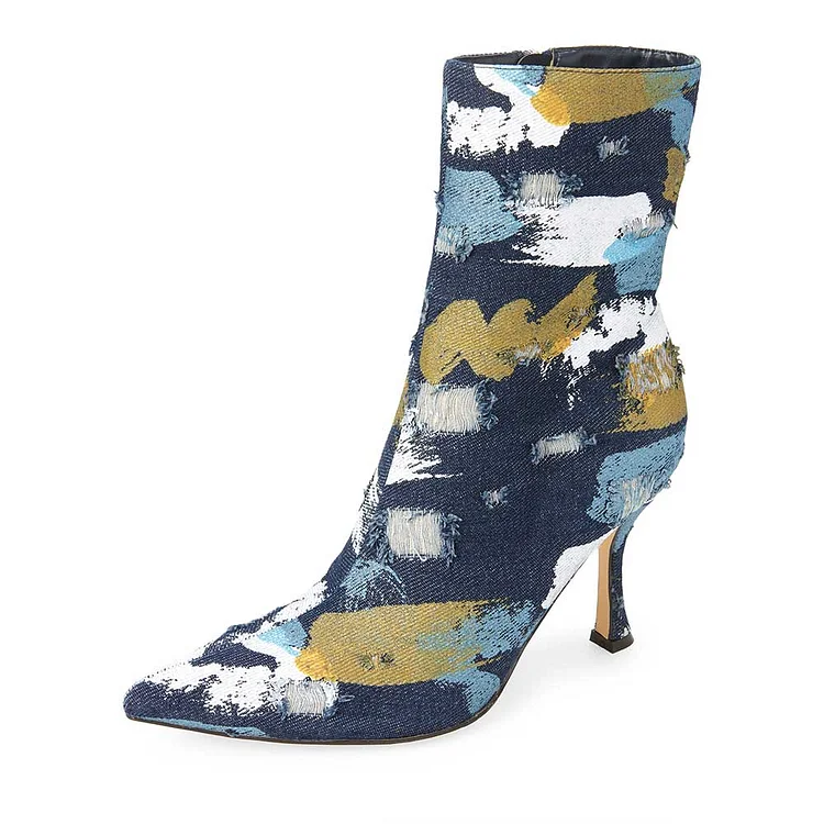 Blue Denim Pointed Toe Spool Heel Boots for Women with Side Zippers |FSJ Shoes