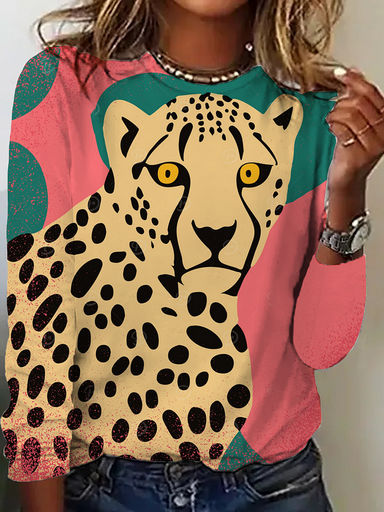Women's Round Neck Pink Cheetah Print Long Sleeve T-Shirt socialshop