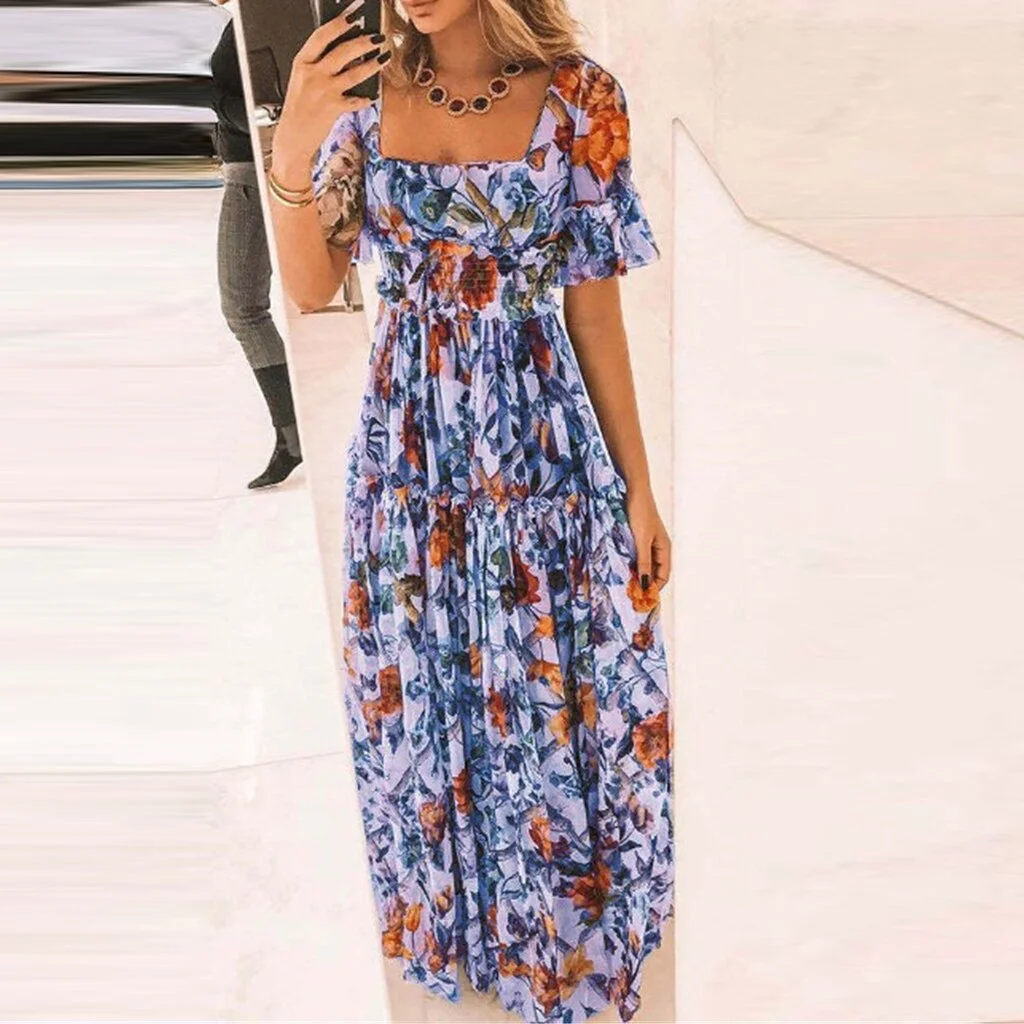 New Boho Dress Women Plus Size Summer Fashion Short Sleeve A-Line Dress Floral Printed Long Dress Bohemian Elegant Dress 2021