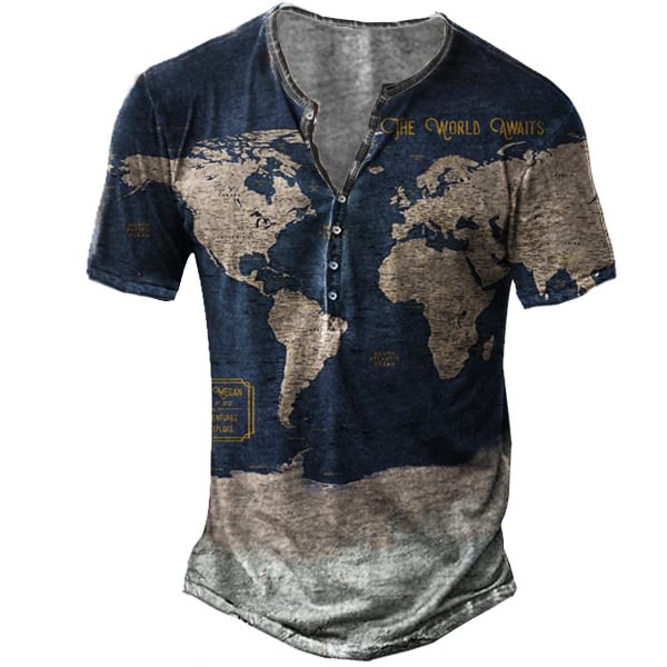 Men's Outdoor Tactical Retro World Map Tactical Henley T-Shirt-Compassnice®