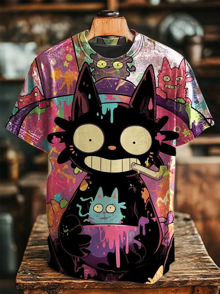 Eagerlys Unisex Retro Oil-painted Cat Art Print T-shirt Eagerlys