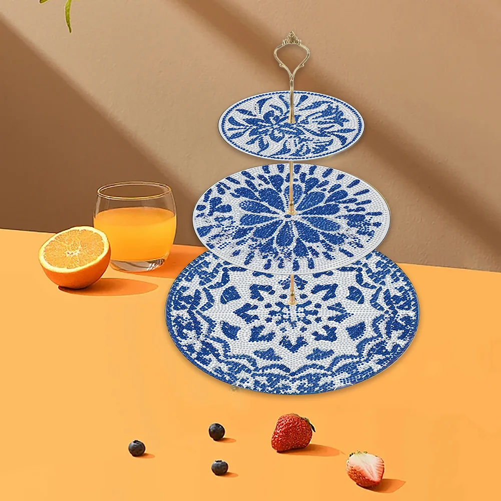 3 Tier 5D DIY Blue White Acrylic Diamond Painting Cupcake Stand for Kitchen Table Decor 