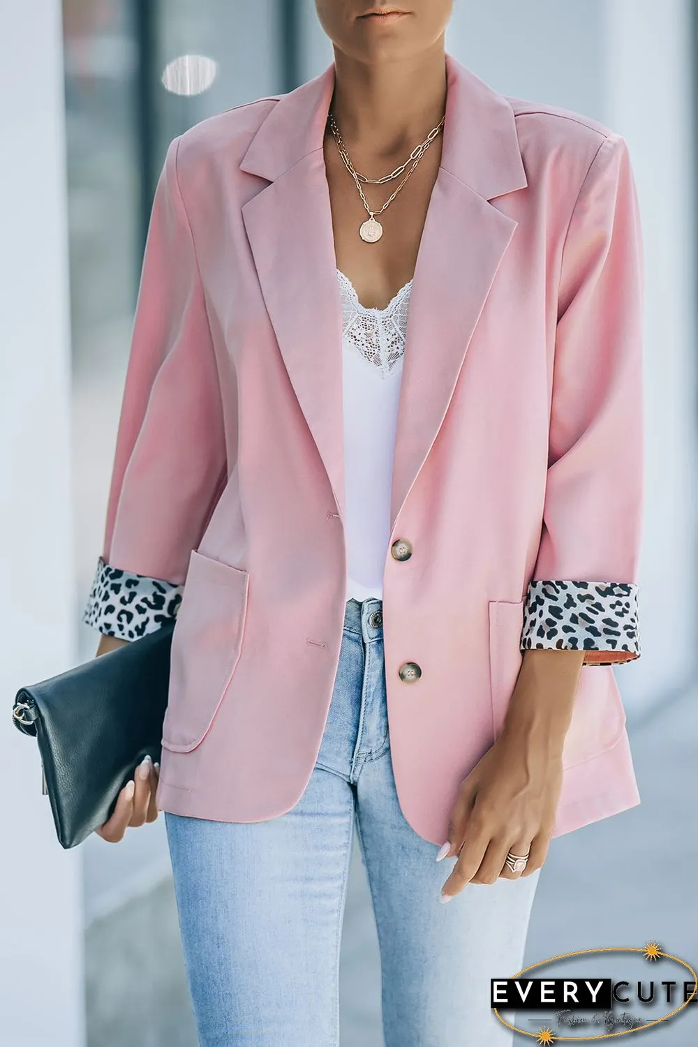 Pink Leopard lined Lapel Collar Blazer