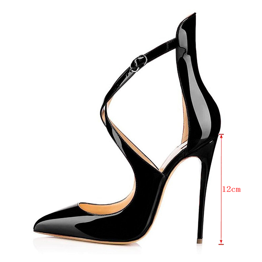 120mm Women's Pointed toe Cross Strap Sexy Cut High Heels Pumps For Party Black Patent-vocosishoes