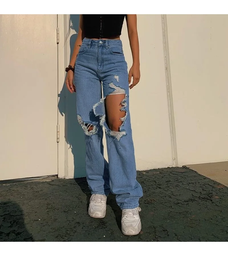 Women Fashion High Waist Hollow Out Ripped Jeans S-L