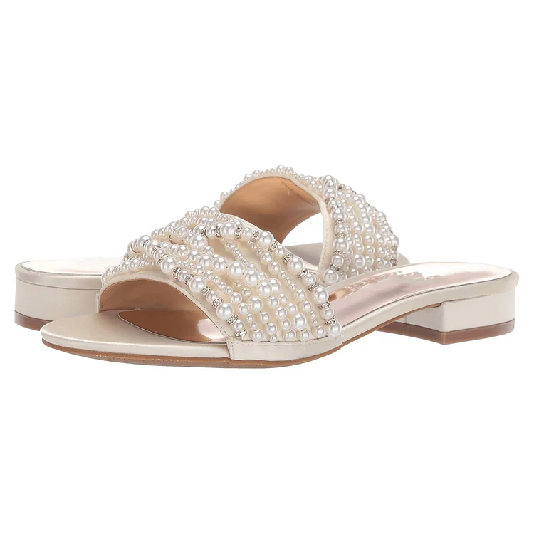 Champagne Satin Pearl Women's Slide Sandals |FSJ Shoes