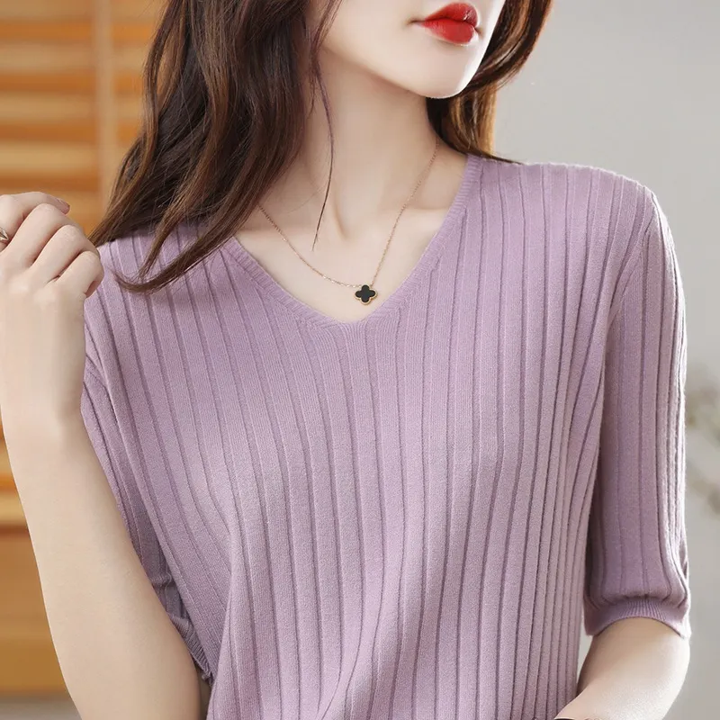 Churchf Churchf The Summer Of 2024, Women's Knit Short Sleeve Korean V-Neck Solid Color T-Shirt And A Pit Top