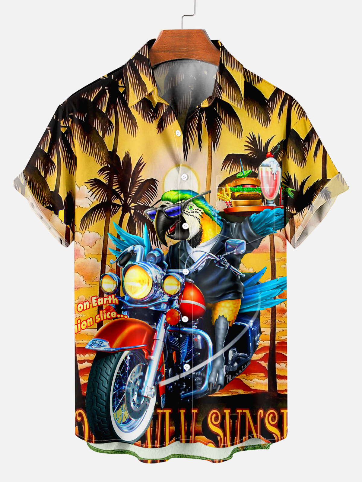 Men's Hawaii Vacation Mr. Parrot Motorcycle Cartoon Print Shirt PLUSCLOTHESMAN